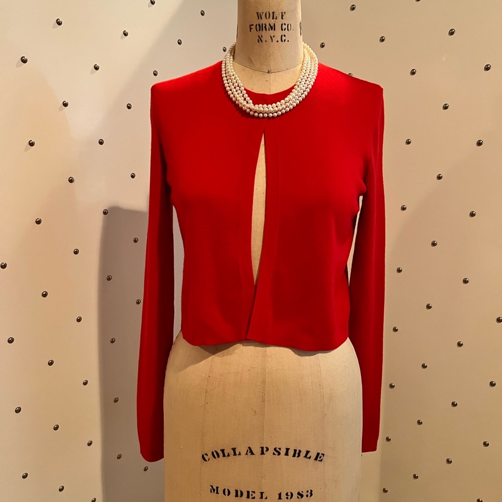 Akris Punto sweater cardigan 100% wool crop long sleeve 10 soft warm red